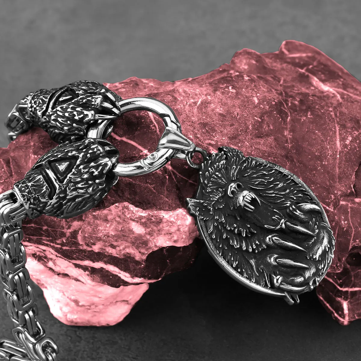 Collier Vintage Viking en acier inoxydable pour hommes, pendentif tête de loup, Rune, ours, griffe Thor, ensemble, Hip Hop, mode Vikings, bijoux cadeau – Image 3