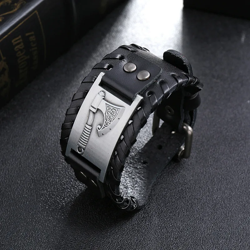 Bracelet en cuir tissé pour hommes, édition large, Rune Viking Tomahawk, breloque, nouvelle mode Hip Hop Punk, accessoires bijoux – Image 5