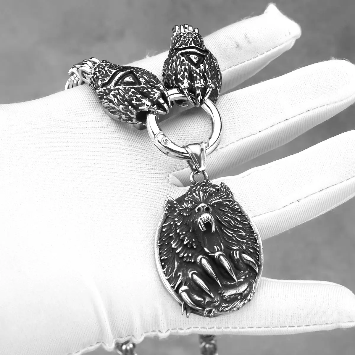 Collier Vintage Viking en acier inoxydable pour hommes, pendentif tête de loup, Rune, ours, griffe Thor, ensemble, Hip Hop, mode Vikings, bijoux cadeau – Image 5