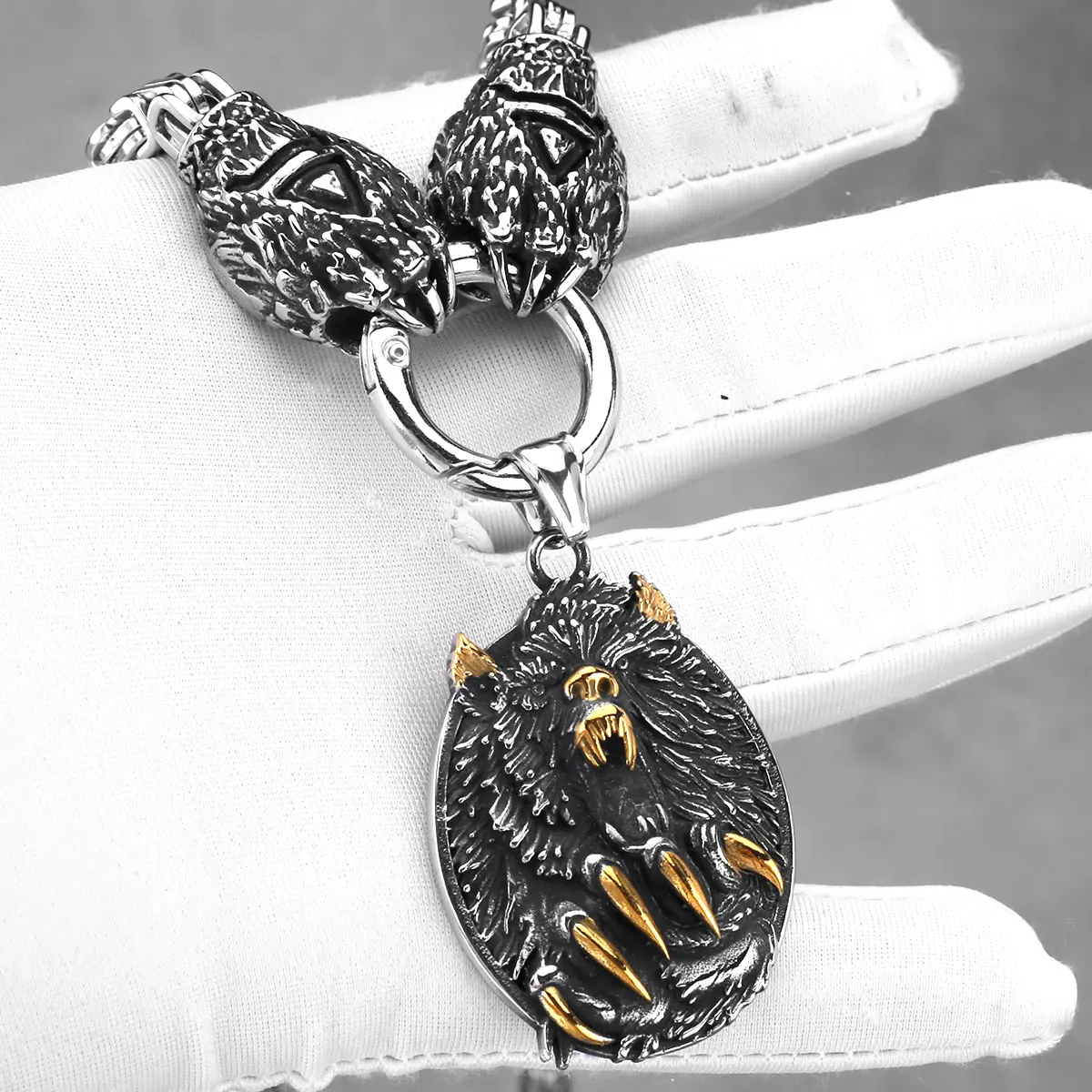 Collier Vintage Viking en acier inoxydable pour hommes, pendentif tête de loup, Rune, ours, griffe Thor, ensemble, Hip Hop, mode Vikings, bijoux cadeau – Image 6