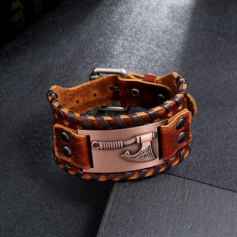 Bracelet en cuir tissé pour hommes, édition large, Rune Viking Tomahawk, breloque, nouvelle mode Hip Hop Punk, accessoires bijoux – Image 6