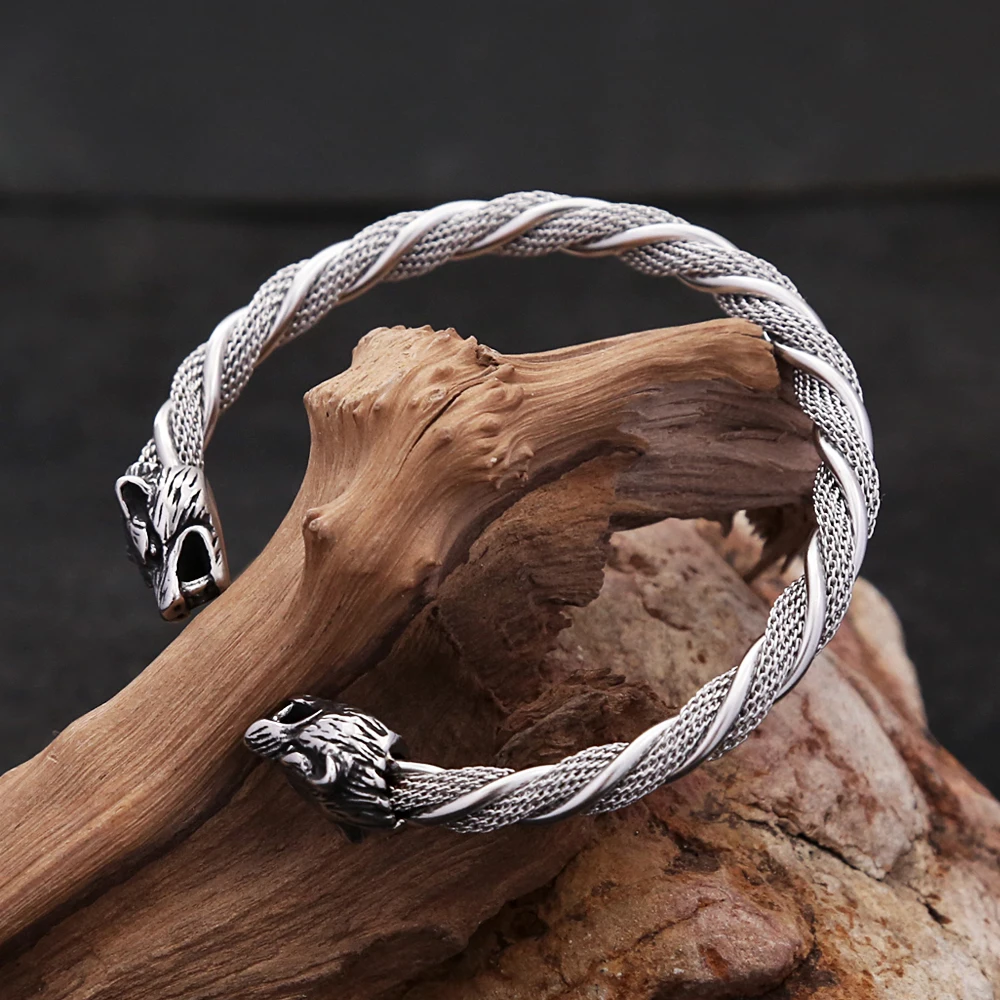 Bracelet tête de loup Viking Vintage pour hommes et garçons, Punk Hip Hop, en acier inoxydable, animaux ouverts, bijoux à la mode, cadeau, vente en gros – Image 2