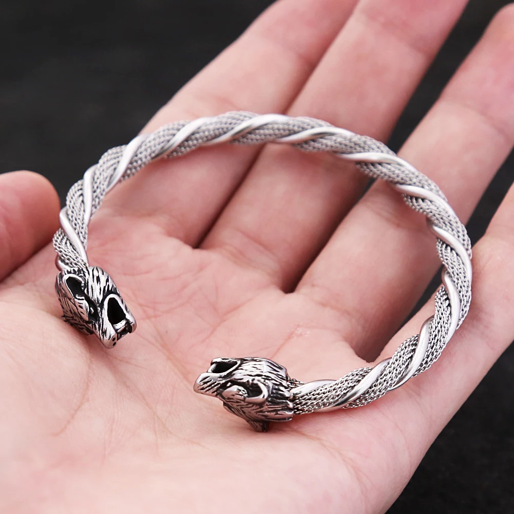 Bracelet tête de loup Viking Vintage pour hommes et garçons, Punk Hip Hop, en acier inoxydable, animaux ouverts, bijoux à la mode, cadeau, vente en gros – Image 5