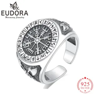 Eudora – bague boussole Viking en argent Sterling 925 pour homme et femme, amulette réglable, ouverte, style Punk, bijou cadeau