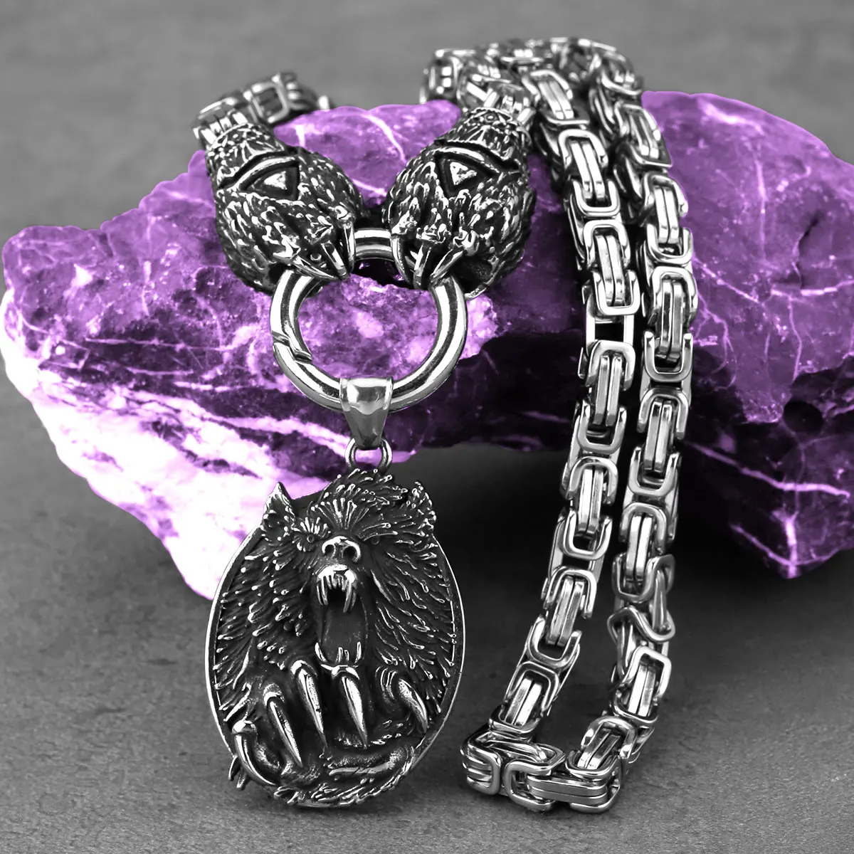 Collier Vintage Viking en acier inoxydable pour hommes, pendentif tête de loup, Rune, ours, griffe Thor, ensemble, Hip Hop, mode Vikings, bijoux cadeau – Image 2