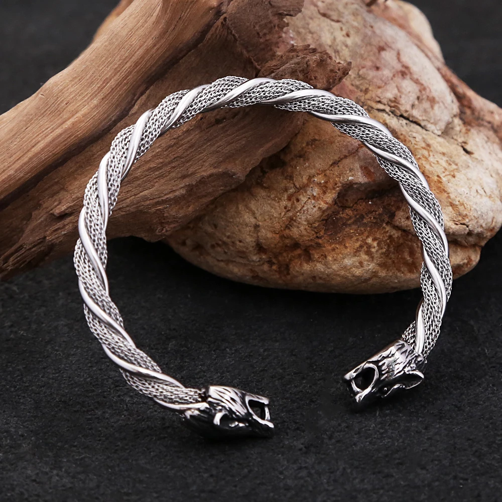 Bracelet tête de loup Viking Vintage pour hommes et garçons, Punk Hip Hop, en acier inoxydable, animaux ouverts, bijoux à la mode, cadeau, vente en gros – Image 3
