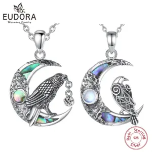 Eudora-Collier en argent regardé 925 pour homme et femme, corbeau viking, lune, pendentif amulette corbeau pentagramme, bijoux en coquillage d'ormeau naturel