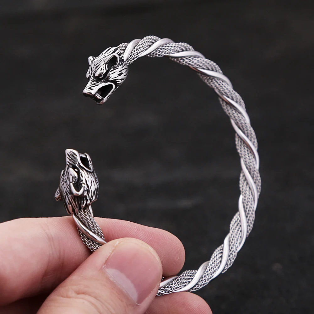 Bracelet tête de loup Viking Vintage pour hommes et garçons, Punk Hip Hop, en acier inoxydable, animaux ouverts, bijoux à la mode, cadeau, vente en gros – Image 6