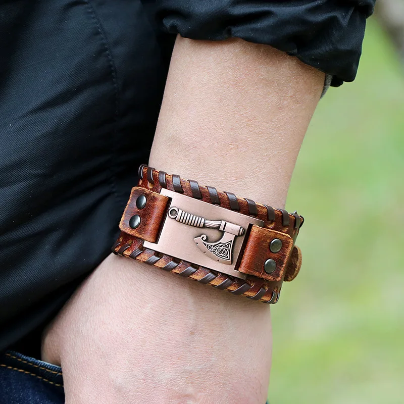 Bracelet en cuir tissé pour hommes, édition large, Rune Viking Tomahawk, breloque, nouvelle mode Hip Hop Punk, accessoires bijoux – Image 3
