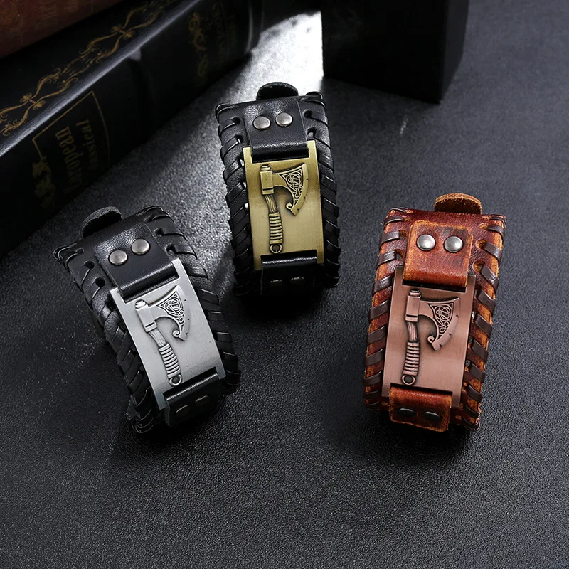 Bracelet en cuir tissé pour hommes, édition large, Rune Viking Tomahawk, breloque, nouvelle mode Hip Hop Punk, accessoires bijoux – Image 4