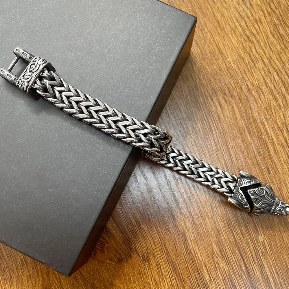 Bracelet loup Viking nordique pour hommes, en acier inoxydable, chaîne à maillons en maille de 12MM, bouche de loup ouverte, bijoux nordiques 21/23CM – Image 5