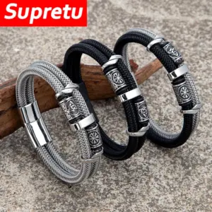 Vikings Runes Double couche Bracelet pour hommes en acier inoxydable câble métallique nordique Triquetra Bracelet Vintage scandinave bijoux cadeaux