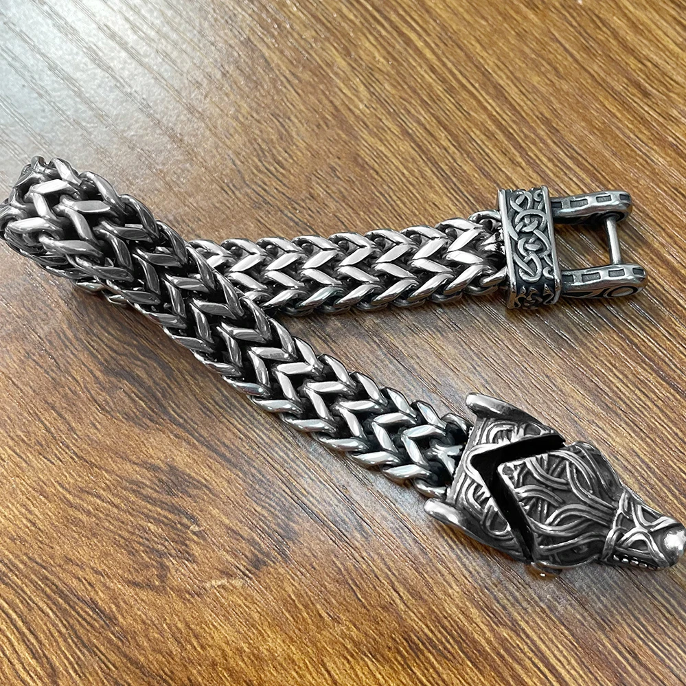 Bracelet loup Viking nordique pour hommes, en acier inoxydable, chaîne à maillons en maille de 12MM, bouche de loup ouverte, bijoux nordiques 21/23CM – Image 4