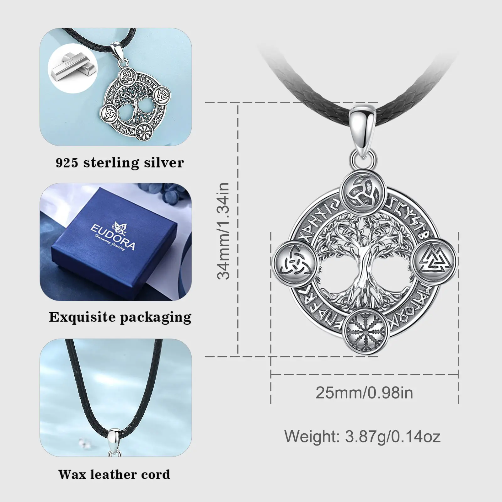 Eudora 925 argent Sterling arbre de vie collier runes nordiques Hexe celtique Knoten Yggdrasil Amulett pendentif homme Viking bijoux – Image 2