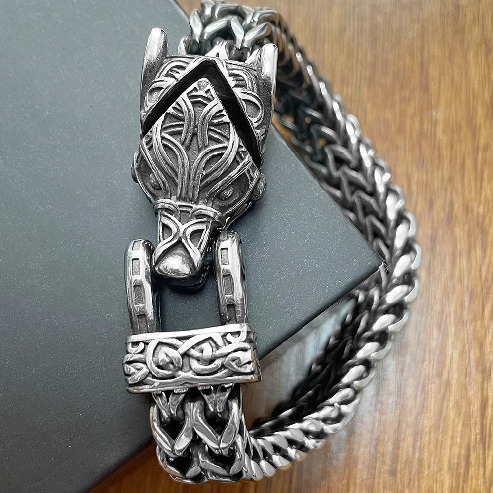 Bracelet loup Viking nordique pour hommes, en acier inoxydable, chaîne à maillons en maille de 12MM, bouche de loup ouverte, bijoux nordiques 21/23CM – Image 3