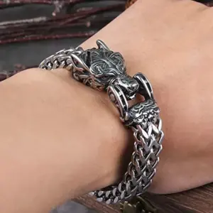 Bracelet loup Viking nordique pour hommes, en acier inoxydable, chaîne à maillons en maille de 12MM, bouche de loup ouverte, bijoux nordiques 21/23CM