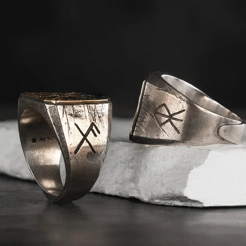 Bagues Runes Viking pour hommes, en argent Sterling, symbole nordique, chevalière, boussole magique nordique ancienne, Design de guerrier, bijoux de déclaration – Image 4