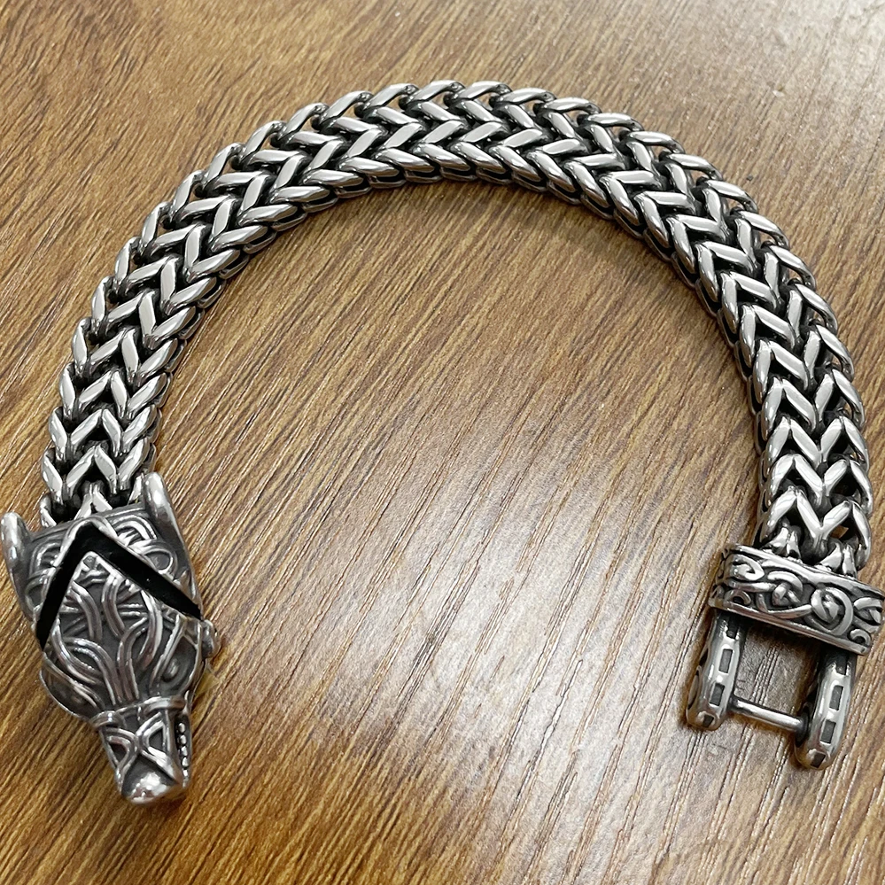 Bracelet loup Viking nordique pour hommes, en acier inoxydable, chaîne à maillons en maille de 12MM, bouche de loup ouverte, bijoux nordiques 21/23CM – Image 2
