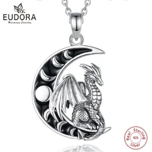 Eudora 925 argent Sterling Viking Dragon collier Phase de lune céleste amulette pendentif Wicca spirituel bijoux cadeau pour hommes femmes