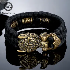 Bracelets de loup runes nordiques faits à la main pour hommes, bracelet en ULde paracorde tressée, bracelet en acier inoxydable, ours celtiques, bijoux Vibasin, rétro