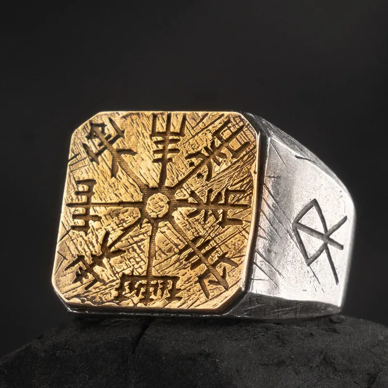 Bagues Runes Viking pour hommes, en argent Sterling, symbole nordique, chevalière, boussole magique nordique ancienne, Design de guerrier, bijoux de déclaration – Image 2