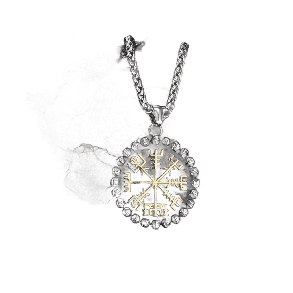 Collier boussole viking runes acier inoxydable