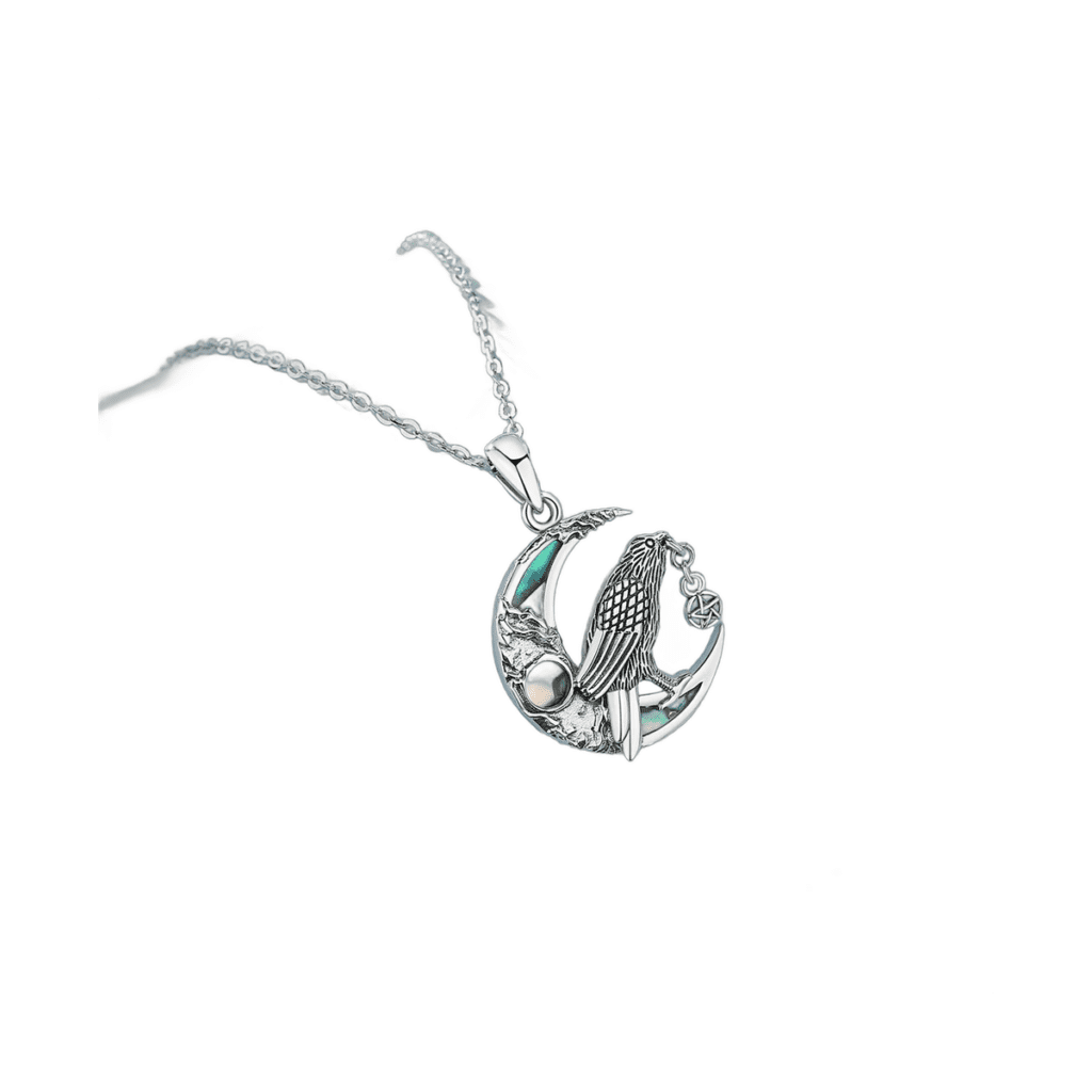 Collier argent 925 corbeau viking lune