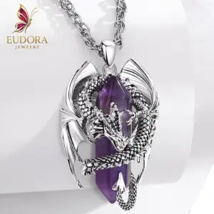 Collier Dragon en Améthyste, Pendentif Punk en Pierre Naturelle