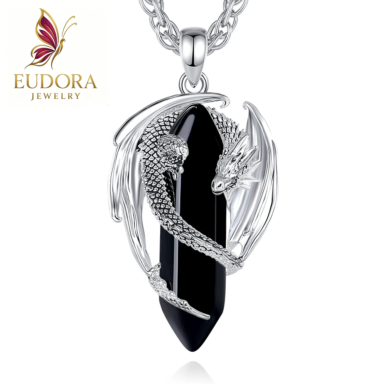 Collier Dragon en Obsidienne Noire, Pendentif Massif et Brut