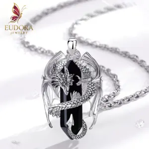 Collier Dragon en Obsidienne, Pendentif Amulette pour Homme