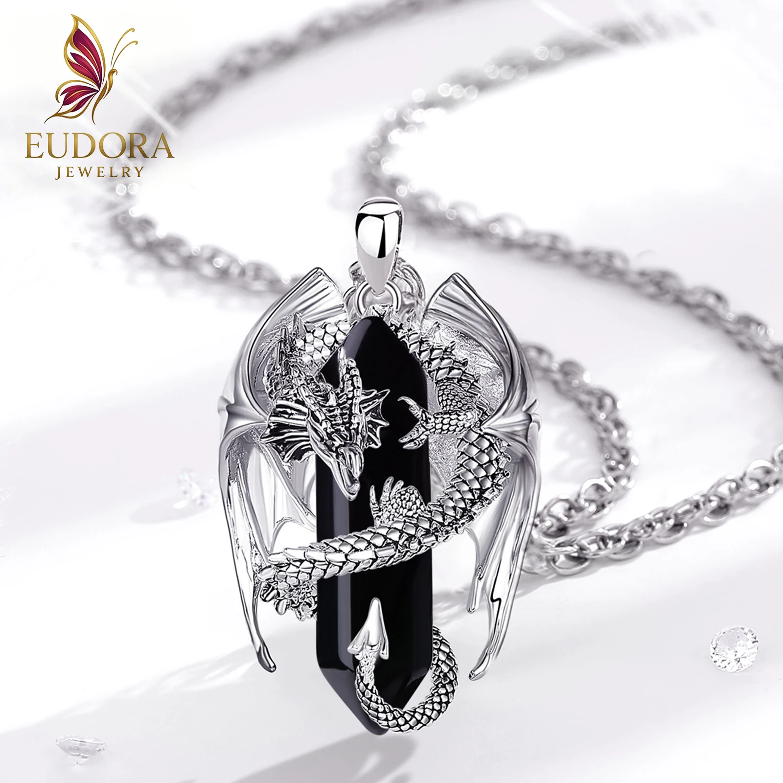 Collier Dragon en Obsidienne, Pendentif Amulette pour Homme