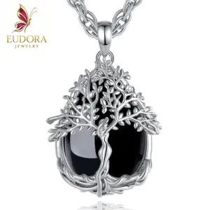 Collier Arbre de Vie en Obsidienne Noire, Pendentif Pierre Naturelle