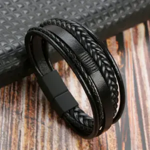 Bracelet Homme en Cuir Véritable Tressé Multicouches