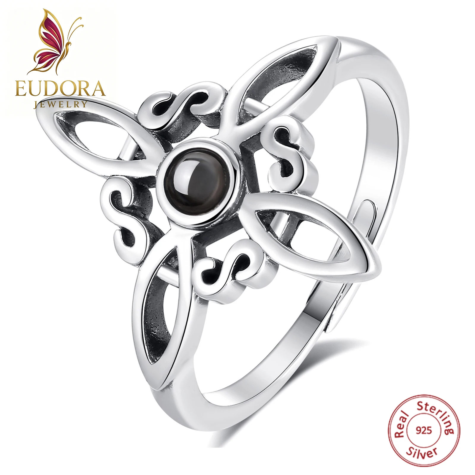 Bague ajustable argent et obsidienne, nœud celtique et sorcière