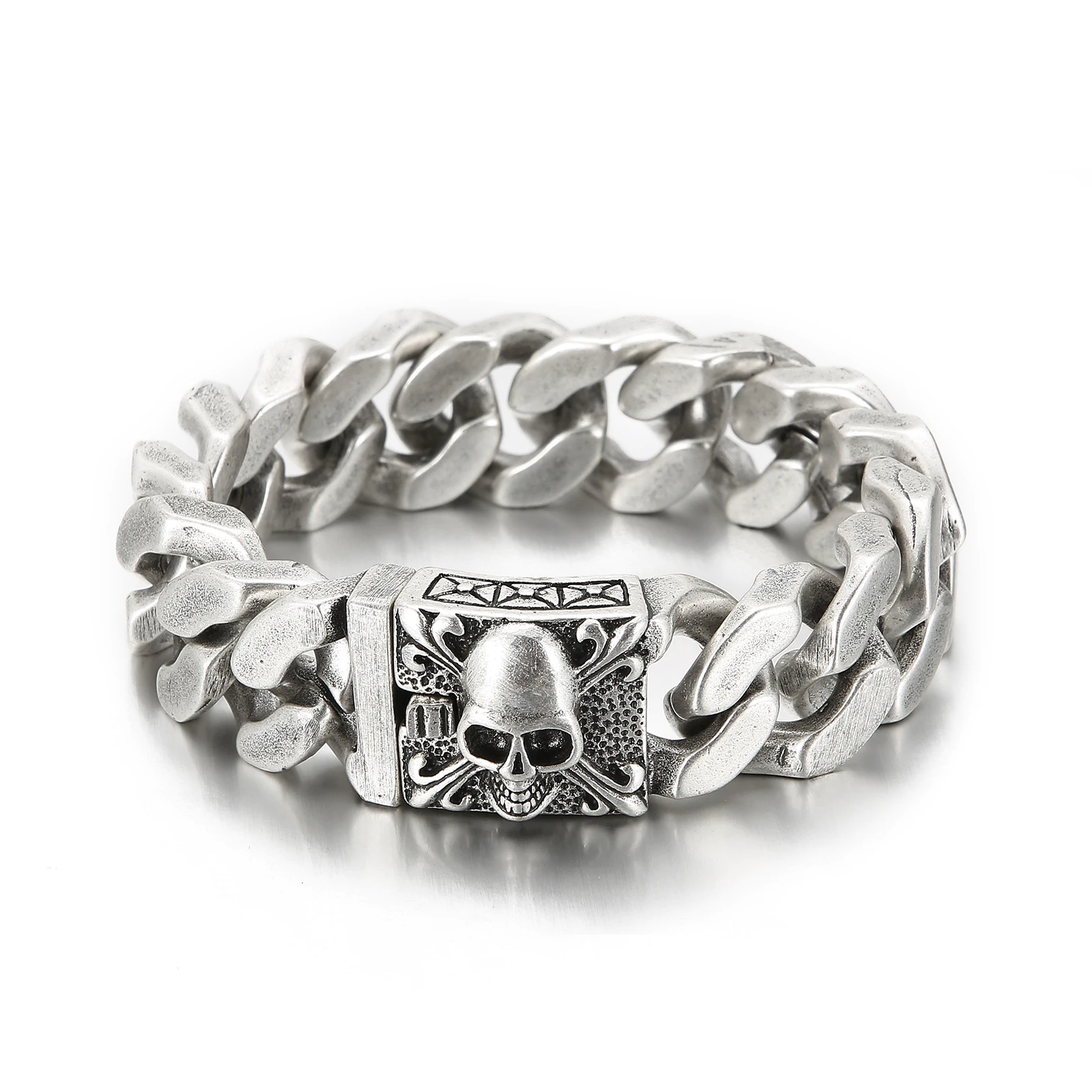 Bracelet chaîne cubaine épaisse 20 mm, breloque tête de mort