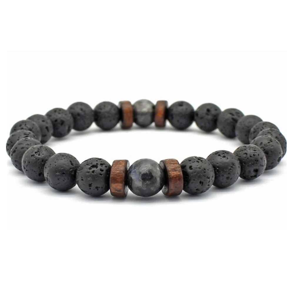 Bracelet homme perles noires magma et onyx, ajustable