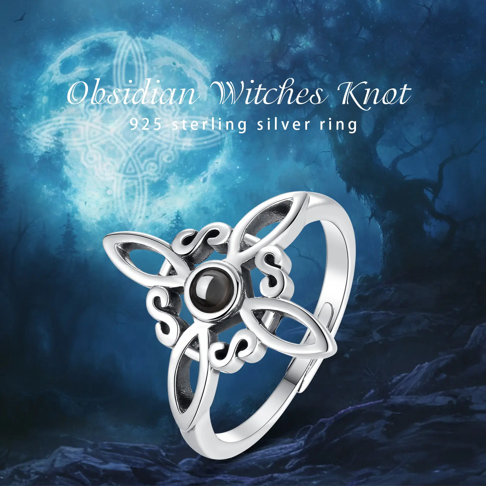 Bague ajustable argent et obsidienne, nœud celtique et sorcière – Image 4