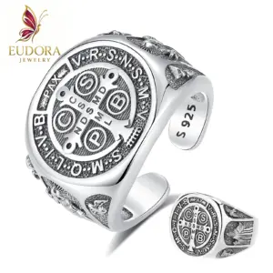 Bague argent croix de Saint Benoît, gravure médaille, style vintage