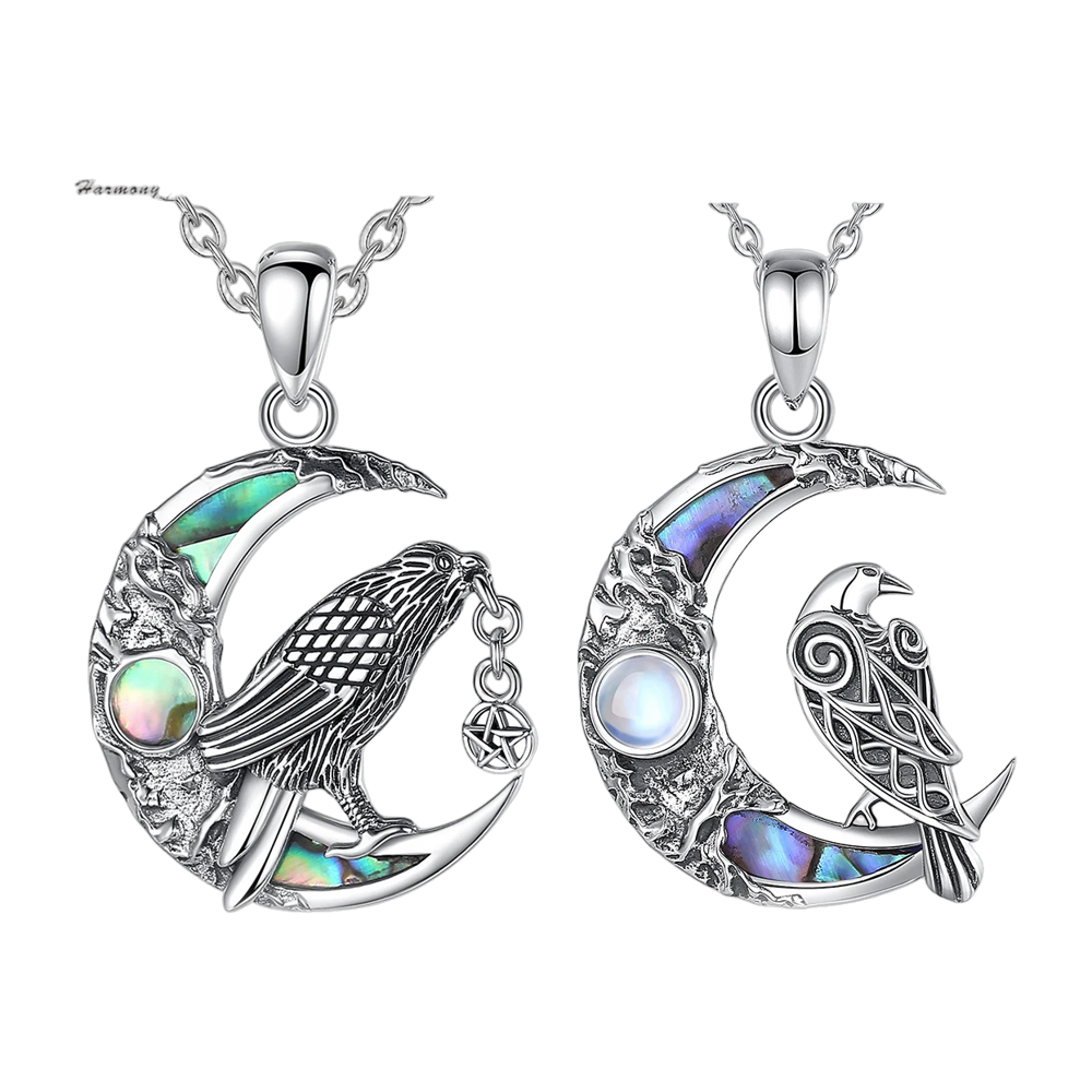 Collier argent 925 corbeau viking lune